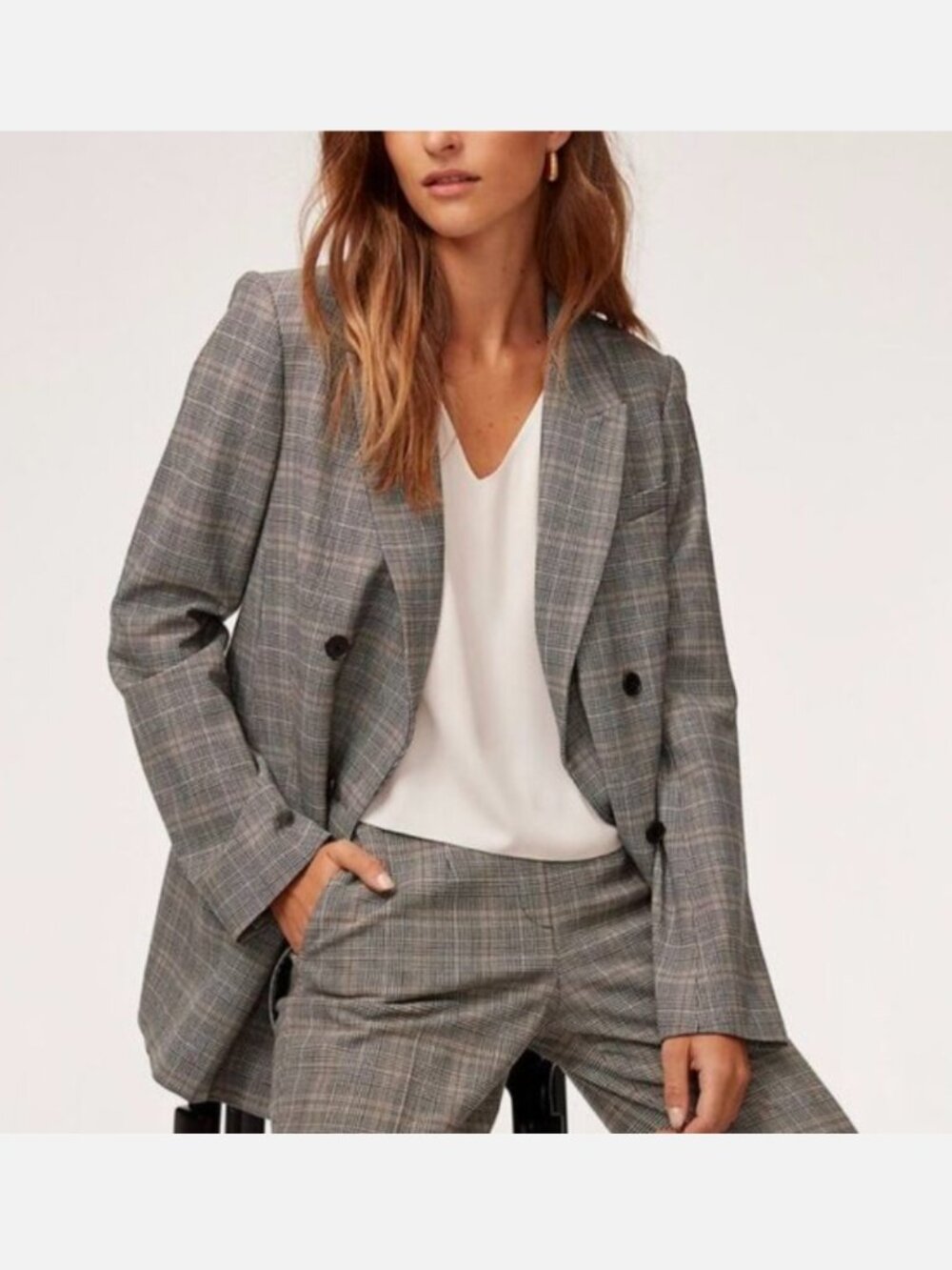 Aritzia Babaton Samuel Plaid Double Breasted Blazer 14 Corporate Academia Office